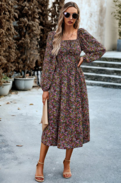 Floral High Elastic Waist Square Neck Pocket Dress